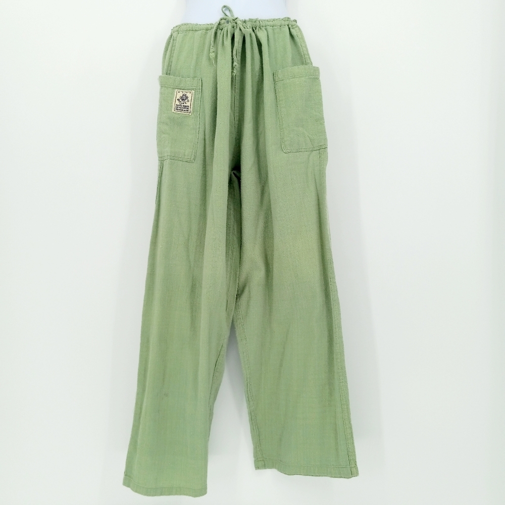 Camp Peace Medium Green Handmade Pre-Shrunk Pocket Linen Feel Drawstring Pants